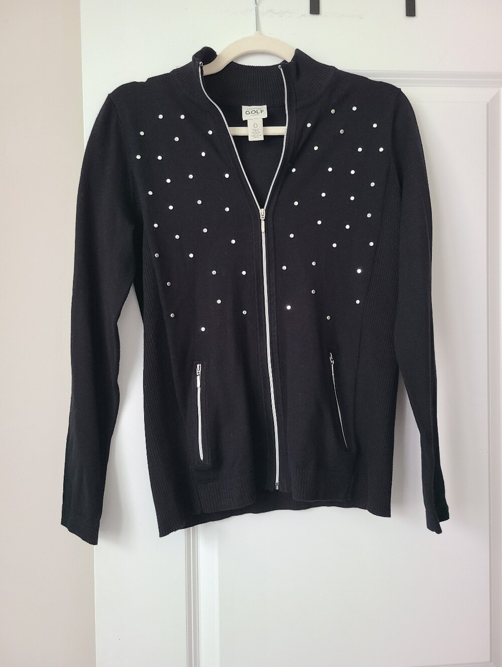 Chico's Zenergy Golf Black Knit Silver Embellished Zip Up Sweater